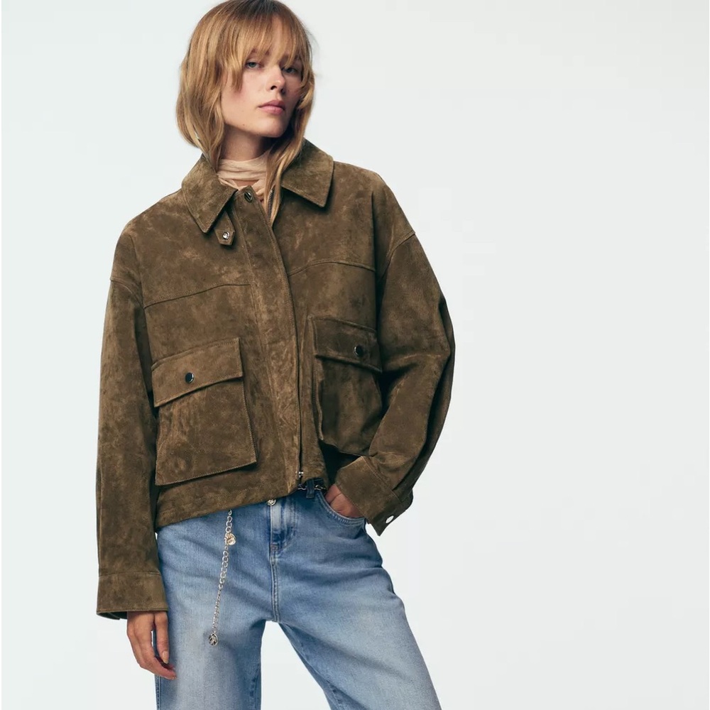 Zara Olive Brown natural suede leather bomber jacket - Picture 6 of 11